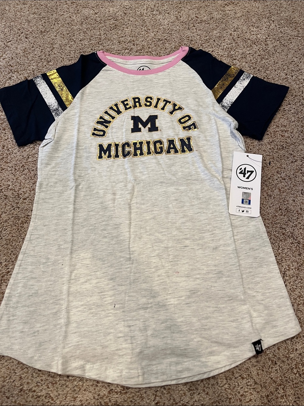 47 Women's University of Michigan Raglan Tee - Gray, Navy, Gold, Pink